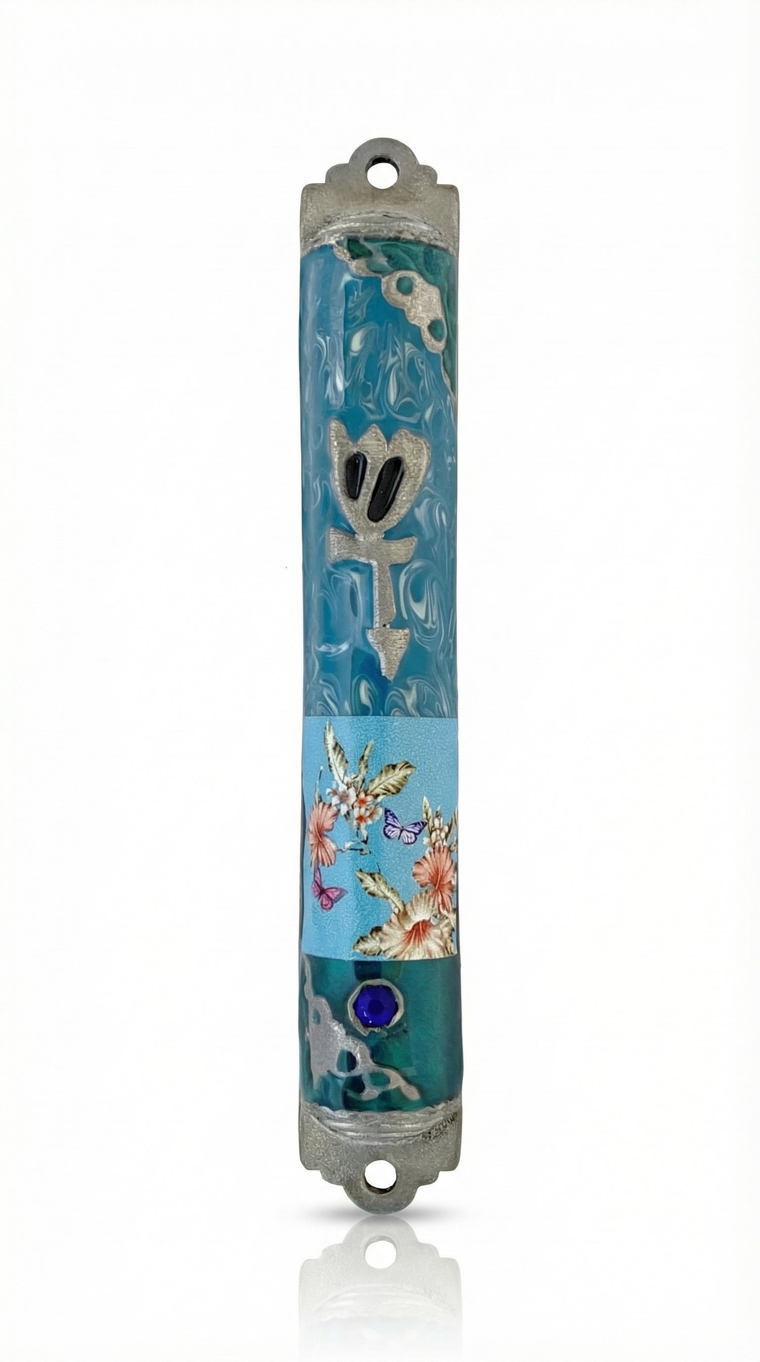 Front view of a blue butterfly pewter mezuzah made in USA, with hand-painted aqua enamel, floral and butterfly artwork, a silver Shadai, and cobalt crystal