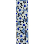 Elegant pewter mezuzah with blue enamel flowers, detailed Hebrew engravings, designed for home door blessing, with a white studio background and subtle reflection.