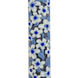 Elegant pewter mezuzah with blue enamel flowers, detailed Hebrew engravings, designed for home door blessing, with a white studio background and subtle reflection.