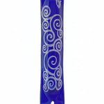 Elegant blue glass mezuzah with detailed Hebrew engravings, mounted with screws or tape, on a white studio background with soft reflection.