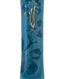 Blue glass mezuzah with detailed Hebrew inscriptions, engraved motifs, and textured surface, displayed on a clean white background with subtle reflection.