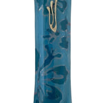 Blue glass mezuzah with detailed Hebrew inscriptions, engraved motifs, and textured surface, displayed on a clean white background with subtle reflection.