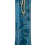 Blue glass mezuzah with detailed Hebrew inscriptions, engraved motifs, and textured surface, displayed on a clean white background with subtle reflection.