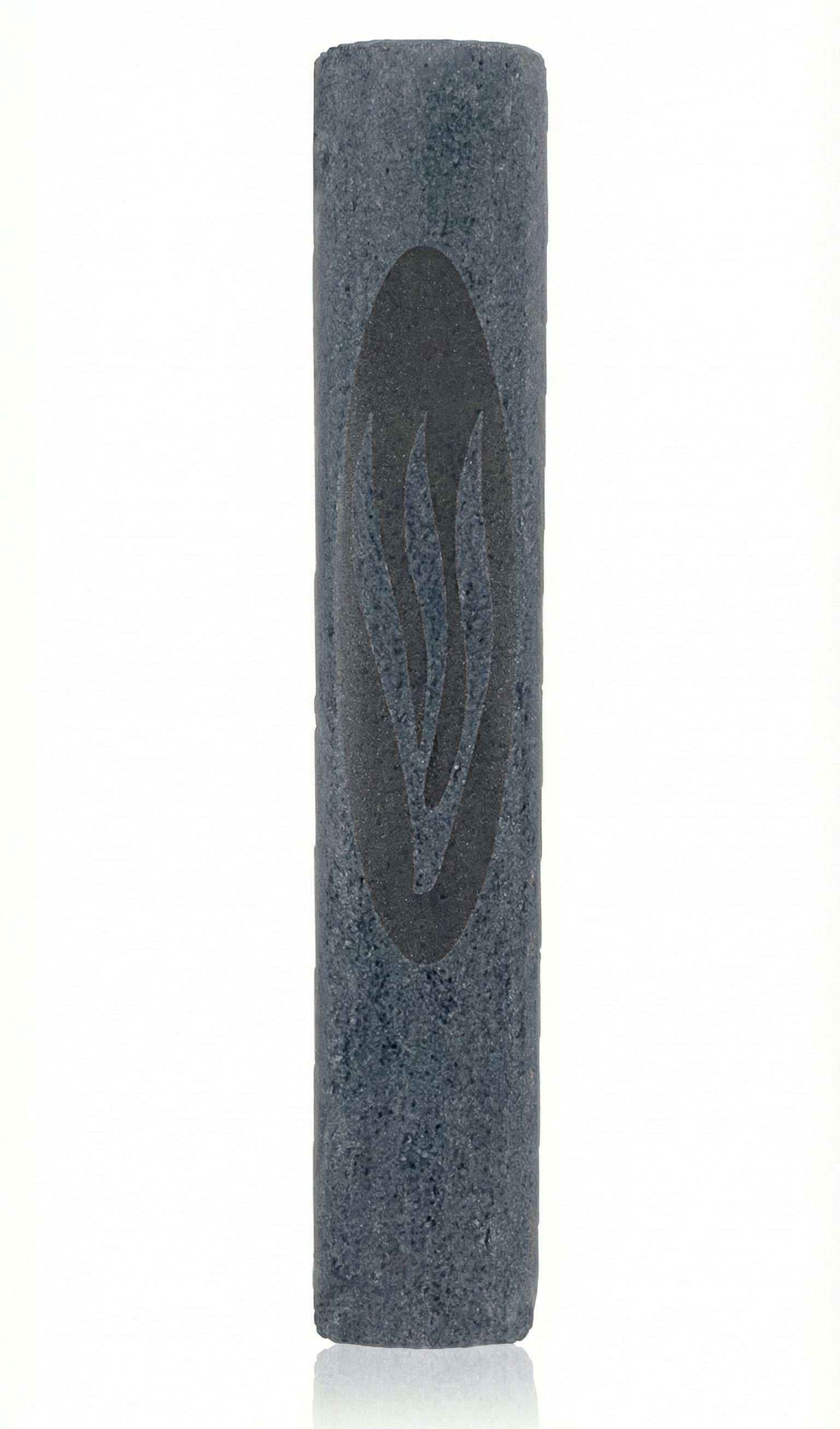 High-resolution image of a natural stone Blue Gray Mezuzah with detailed surface texture, engraved Hebrew characters, and decorative motifs, on a white studio background with soft reflection.