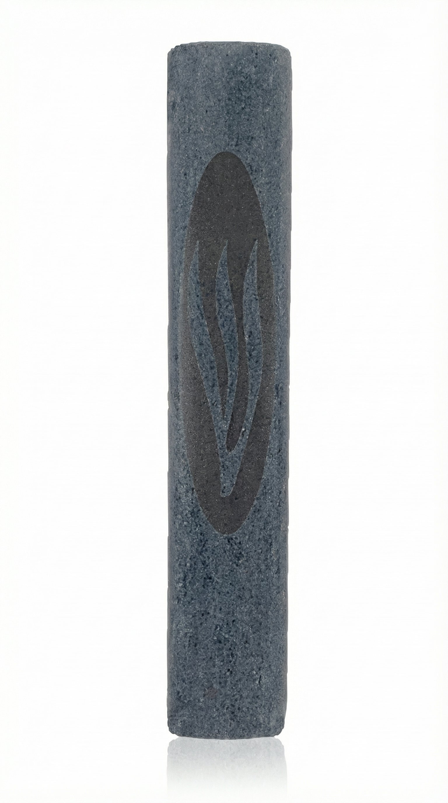 High-resolution image of a natural stone Blue Gray Mezuzah with detailed surface texture, engraved Hebrew characters, and decorative motifs, on a white studio background with soft reflection.