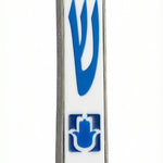 Blue pewter Hamsa Mezuzah with intricate Hebrew engravings on a white studio background with soft reflection.