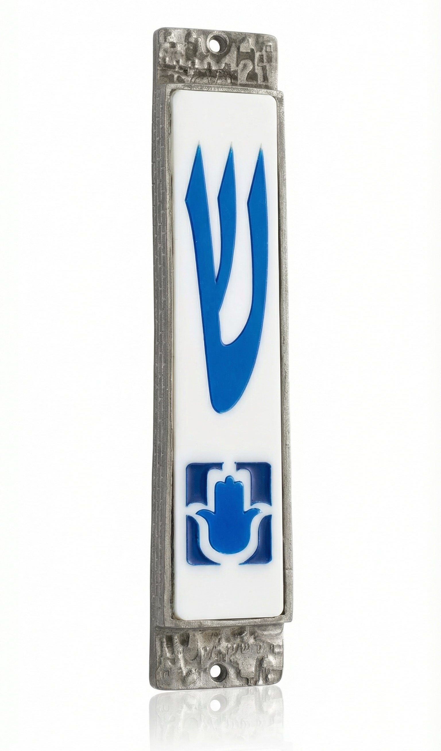 Blue pewter Hamsa Mezuzah with intricate Hebrew engravings on a white studio background with soft reflection.