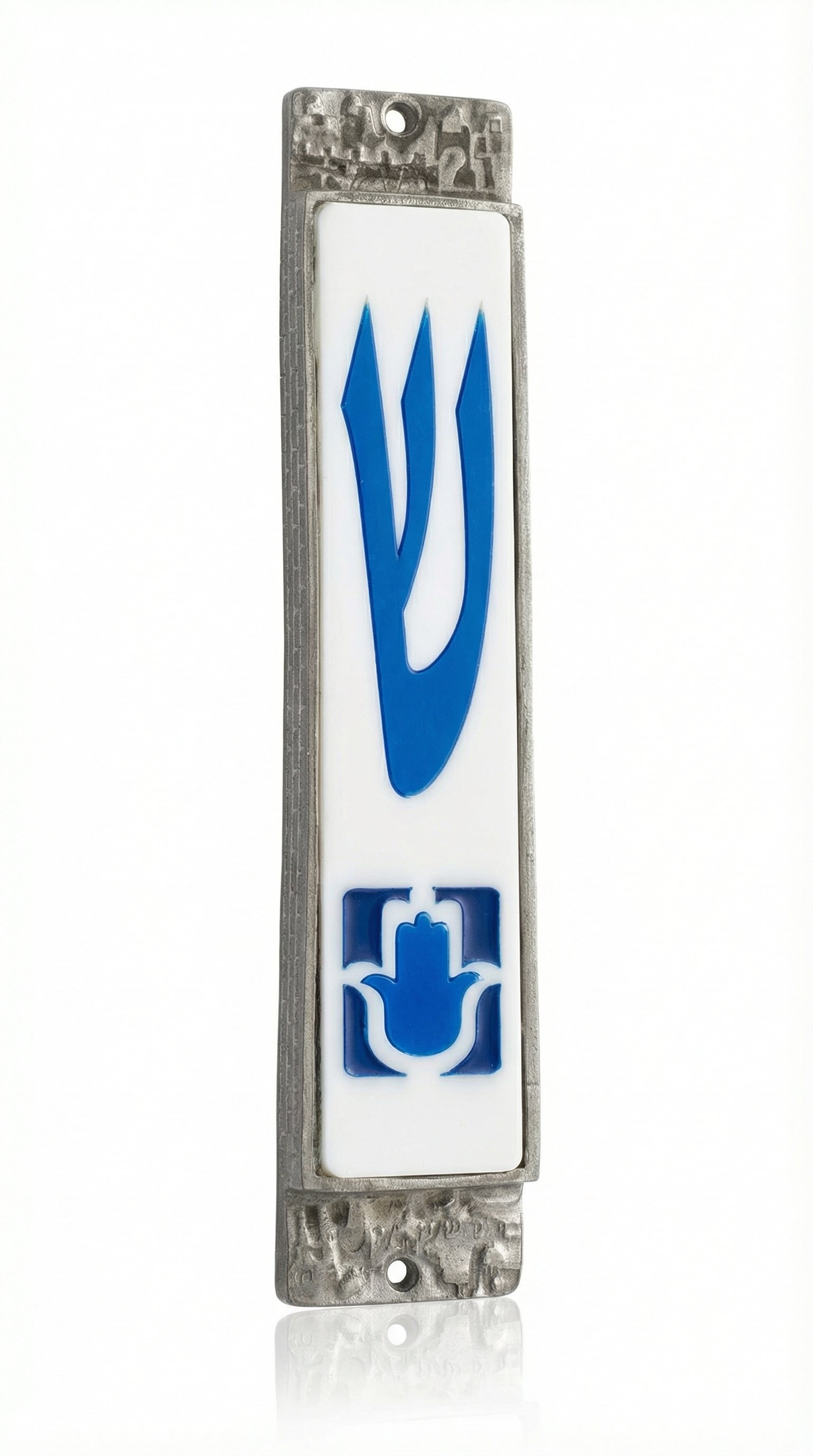 Blue pewter Hamsa Mezuzah with intricate Hebrew engravings on a white studio background with soft reflection.
