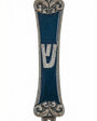 Pewter Blue Ivy Mezuzah with enamel decoration, measuring 5 3/8 inches tall and 1 1/4 inches wide, displayed on a clean white background with soft reflection.