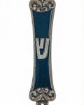 Pewter Blue Ivy Mezuzah with enamel decoration, measuring 5 3/8 inches tall and 1 1/4 inches wide, displayed on a clean white background with soft reflection.