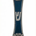 Pewter Blue Ivy Mezuzah with enamel decoration, measuring 5 3/8 inches tall and 1 1/4 inches wide, displayed on a clean white background with soft reflection.