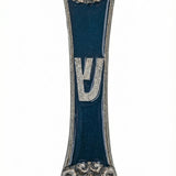 Pewter Blue Ivy Mezuzah with enamel decoration, measuring 5 3/8 inches tall and 1 1/4 inches wide, displayed on a clean white background with soft reflection.