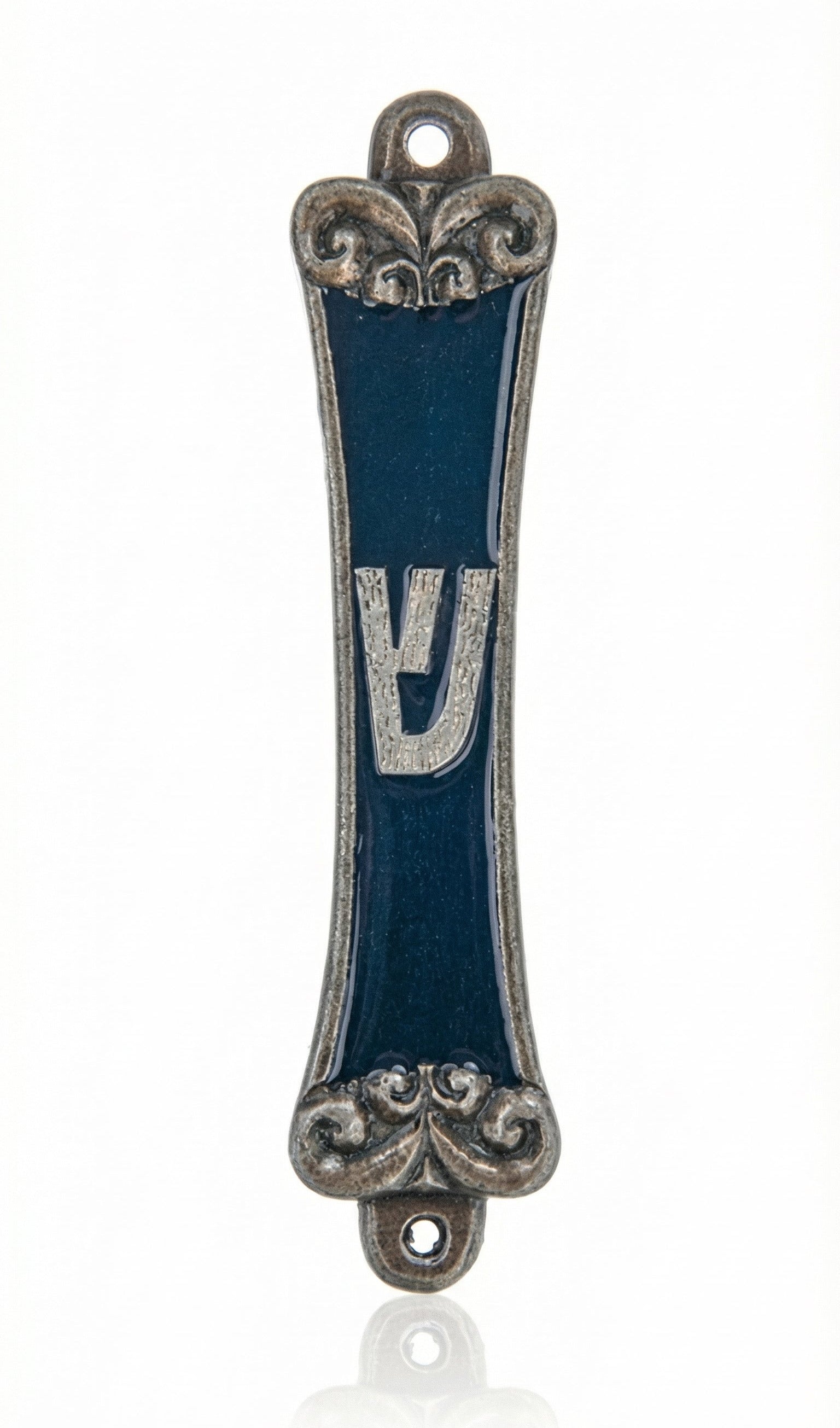Pewter Blue Ivy Mezuzah with enamel decoration, measuring 5 3/8 inches tall and 1 1/4 inches wide, displayed on a clean white background with soft reflection.