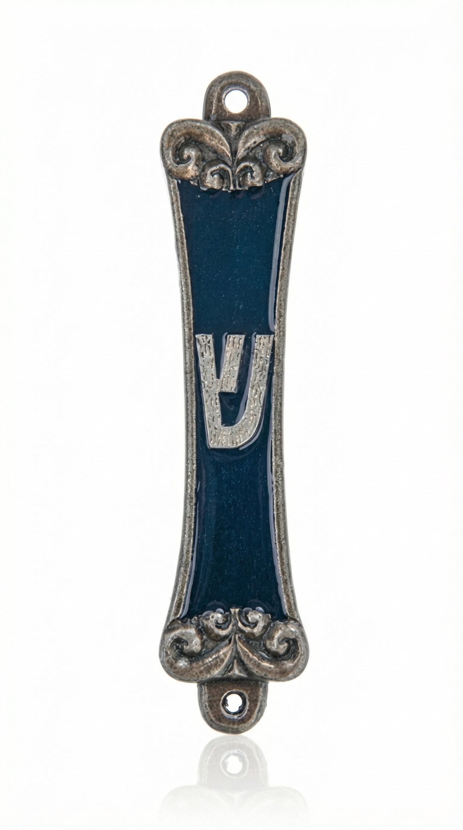 Pewter Blue Ivy Mezuzah with enamel decoration, measuring 5 3/8 inches tall and 1 1/4 inches wide, displayed on a clean white background with soft reflection.