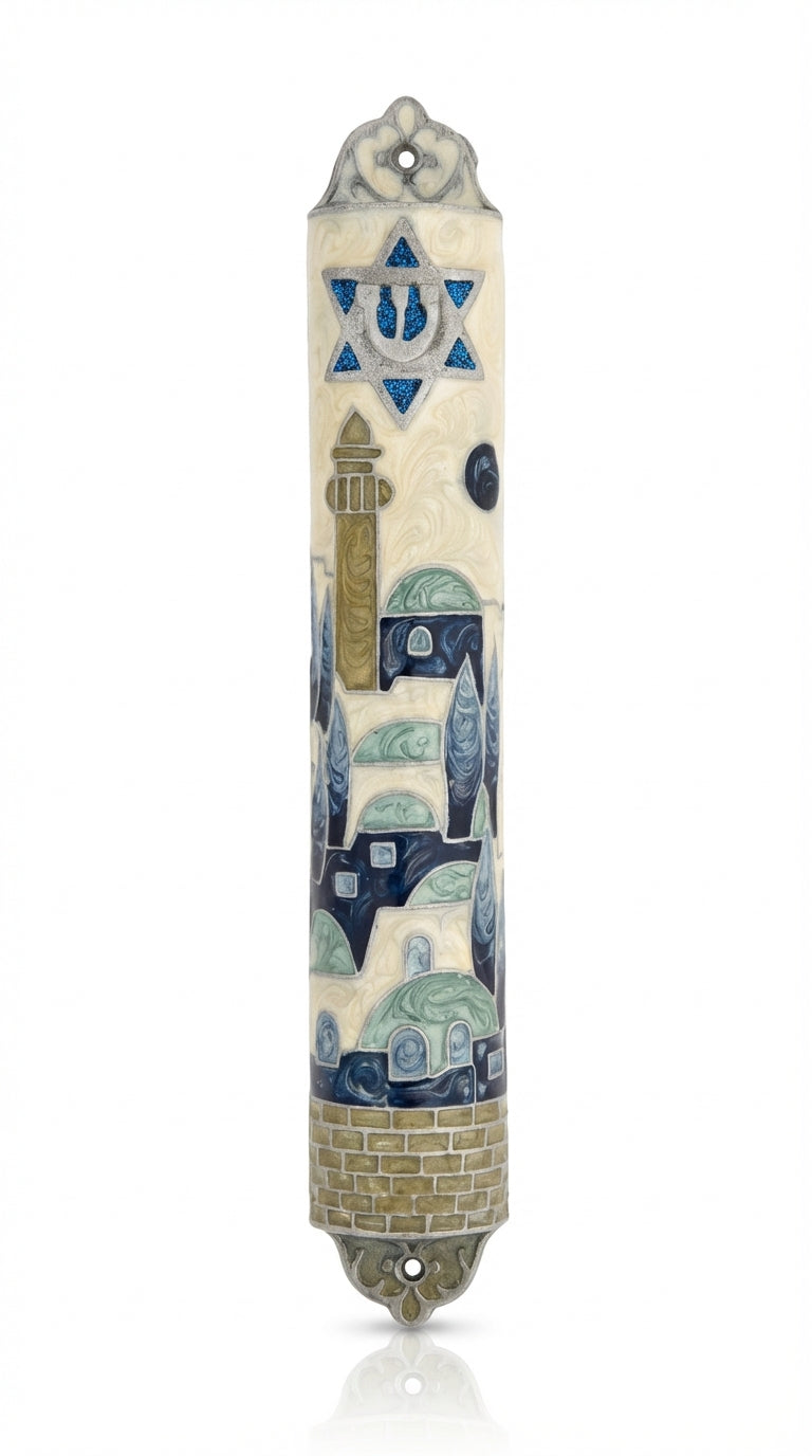 Blue Jerusalem Mezuzah made of pewter with enamel, measuring 6.2 inches tall, designed for mounting on doors with detailed Hebrew engravings.