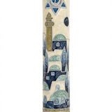 Blue Jerusalem Mezuzah made of pewter with enamel, measuring 6.2 inches tall, designed for mounting on doors with detailed Hebrew engravings.