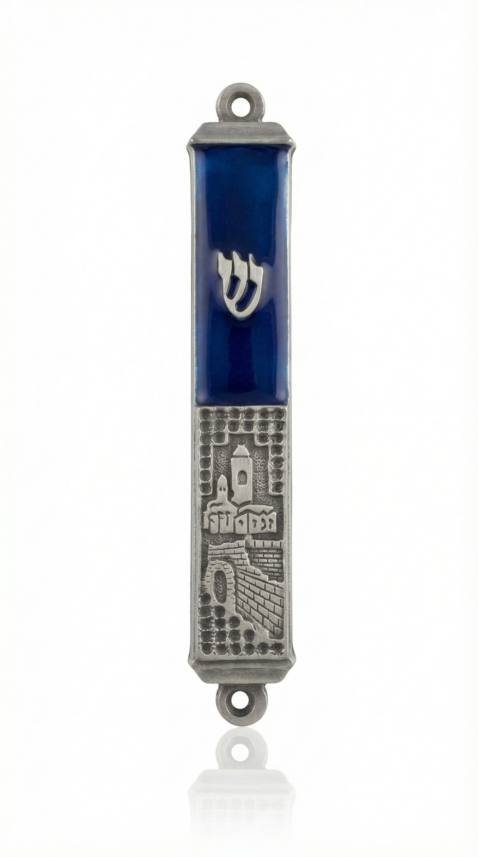 High-resolution image of a blue pewter Jerusalem mezuzah with detailed Hebrew engravings, set against a pure white background with a soft reflection.