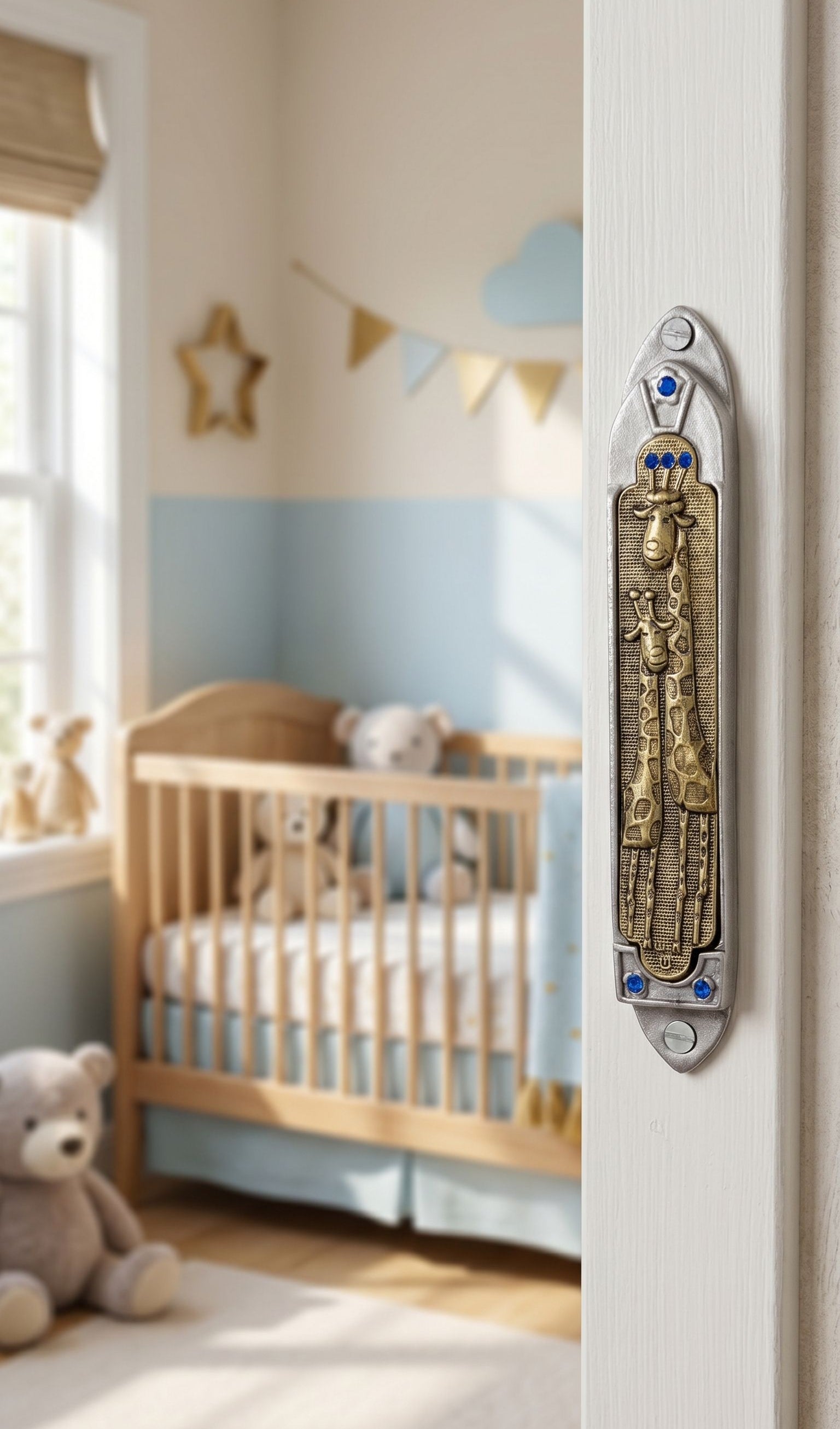 Lifestyle image of a pewter and brass giraffe mezuzah with blue jewel accents on inside wall of doorway, in a home setting.