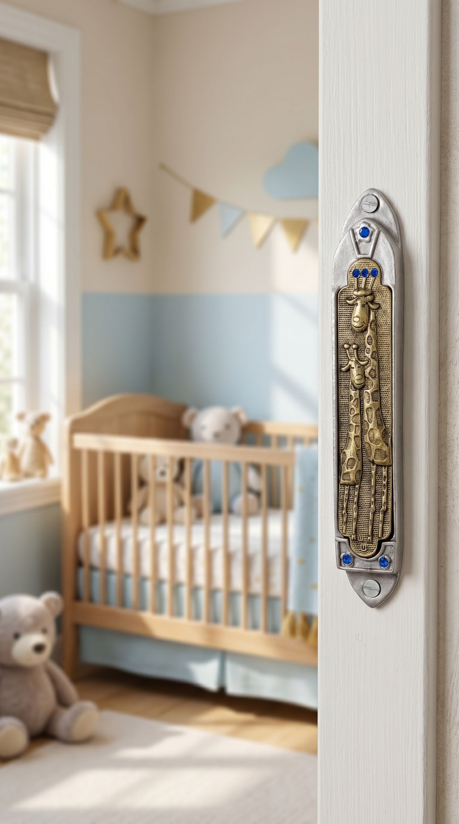 Lifestyle image of a pewter and brass giraffe mezuzah with blue jewel accents on inside wall of doorway, in a home setting.
