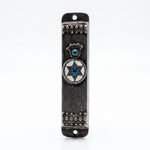 Antique-silver pewter car mezuzah made in Israel with a blue hamsa, circular Magen David, and decorative raised borders