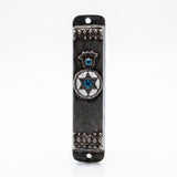 Antique-silver pewter car mezuzah made in Israel with a blue hamsa, circular Magen David, and decorative raised borders