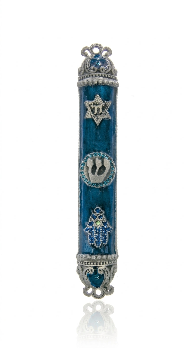 Blue pewter Mezuzah with Hebrew inscriptions, hand-painted with enamel, displayed on a white studio surface with soft reflection, in a display setting.