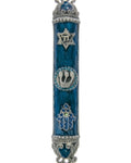Blue pewter Mezuzah with Hebrew inscriptions, hand-painted with enamel, displayed on a white studio surface with soft reflection, in a display setting.