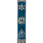 Blue pewter Mezuzah with Hebrew inscriptions, hand-painted with enamel, displayed on a white studio surface with soft reflection, in a display setting.