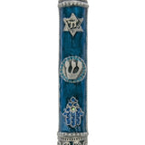 Blue pewter Mezuzah with Hebrew inscriptions, hand-painted with enamel, displayed on a white studio surface with soft reflection, in a display setting.