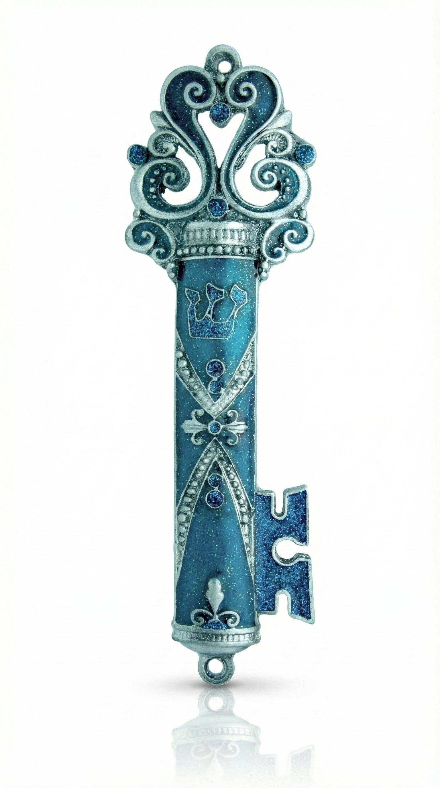 Blue pewter key-shaped mezuzah with delicate hand-painted enamel, designed for home blessing and celebration.