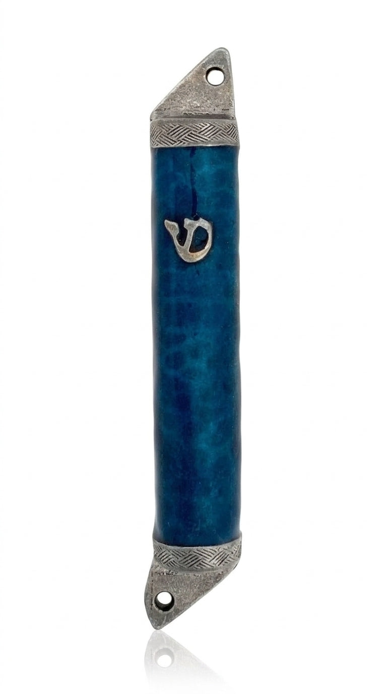 Upscale high-resolution image of a Pewter Blue Mezuzah with enamel paint, precise details, Hebrew letters, and decorative motifs on a white studio background.