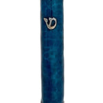 Upscale high-resolution image of a Pewter Blue Mezuzah with enamel paint, precise details, Hebrew letters, and decorative motifs on a white studio background.