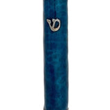 Upscale high-resolution image of a Pewter Blue Mezuzah with enamel paint, precise details, Hebrew letters, and decorative motifs on a white studio background.