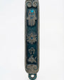Vibrant pewter Mezuzah decorated with Middle-Eastern Jewish charms including Chai, Star of David, Fish, and Hamsa, hand-painted in enamel.