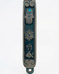 Vibrant pewter Mezuzah decorated with Middle-Eastern Jewish charms including Chai, Star of David, Fish, and Hamsa, hand-painted in enamel.