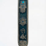 Vibrant pewter Mezuzah decorated with Middle-Eastern Jewish charms including Chai, Star of David, Fish, and Hamsa, hand-painted in enamel.