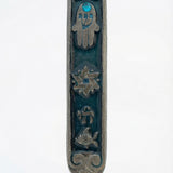 Vibrant pewter Mezuzah decorated with Middle-Eastern Jewish charms including Chai, Star of David, Fish, and Hamsa, hand-painted in enamel.