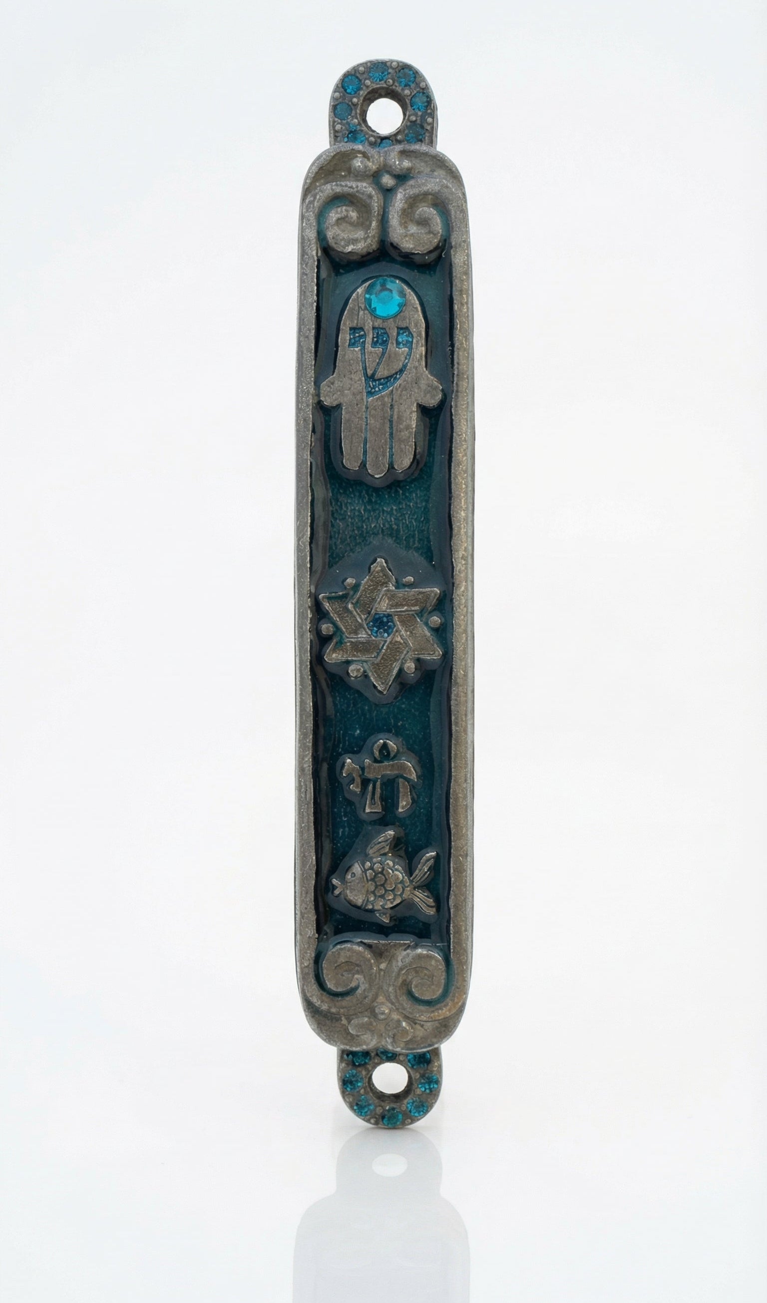 Vibrant pewter Mezuzah decorated with Middle-Eastern Jewish charms including Chai, Star of David, Fish, and Hamsa, hand-painted in enamel.
