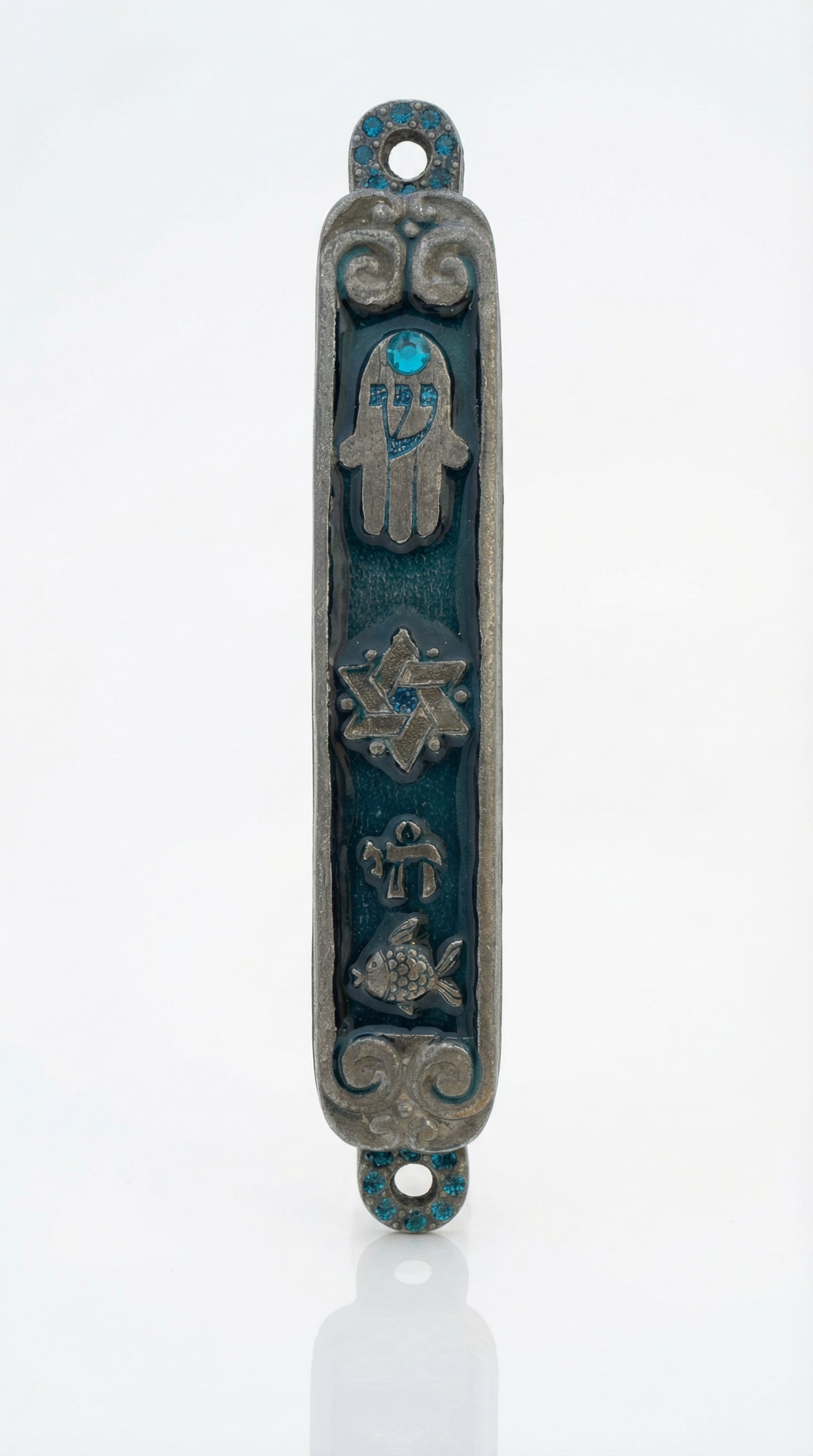 Vibrant pewter Mezuzah decorated with Middle-Eastern Jewish charms including Chai, Star of David, Fish, and Hamsa, hand-painted in enamel.