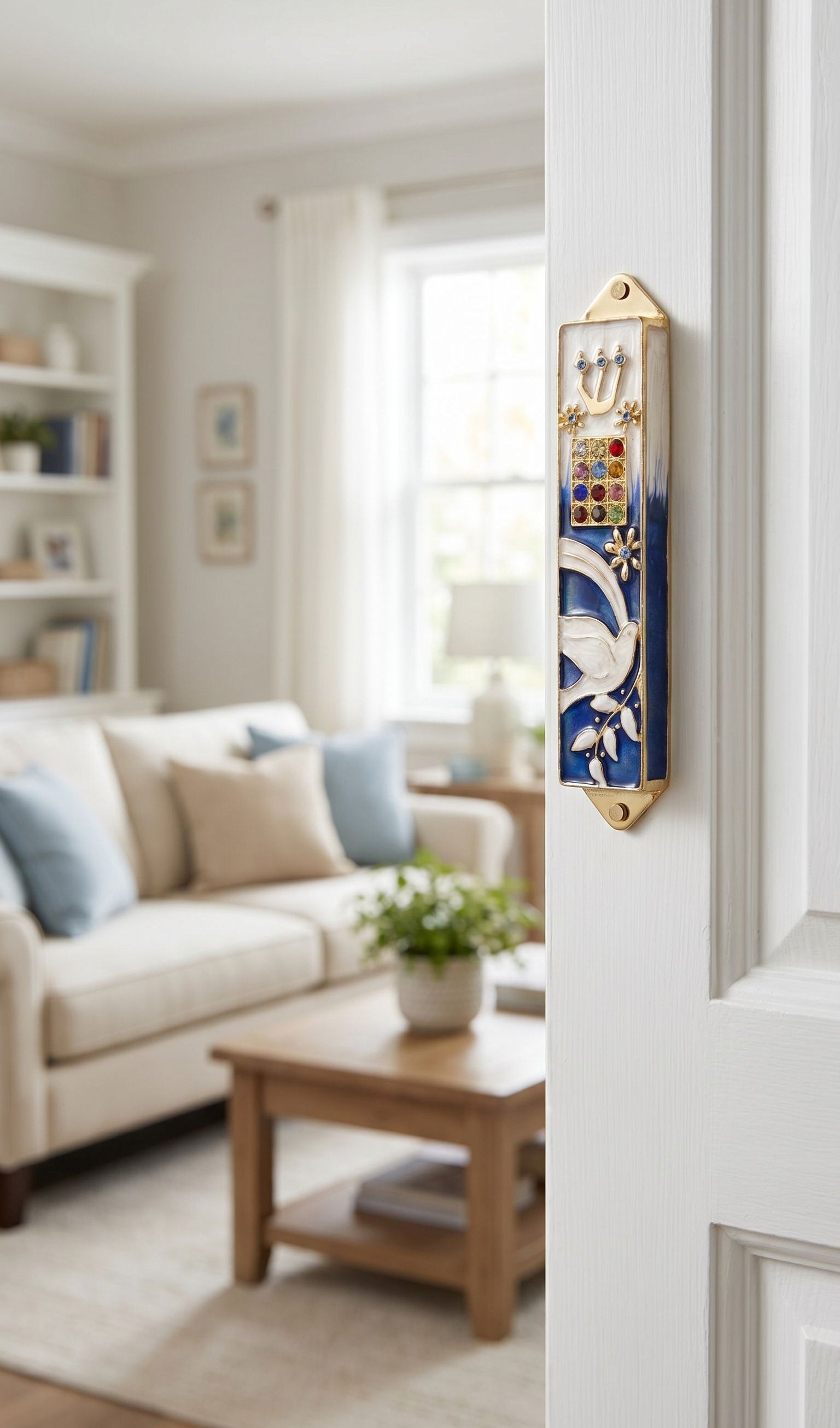 Twelve Jewels Dove Blue Mezuzah mounted on door frame with indoor room in background.
