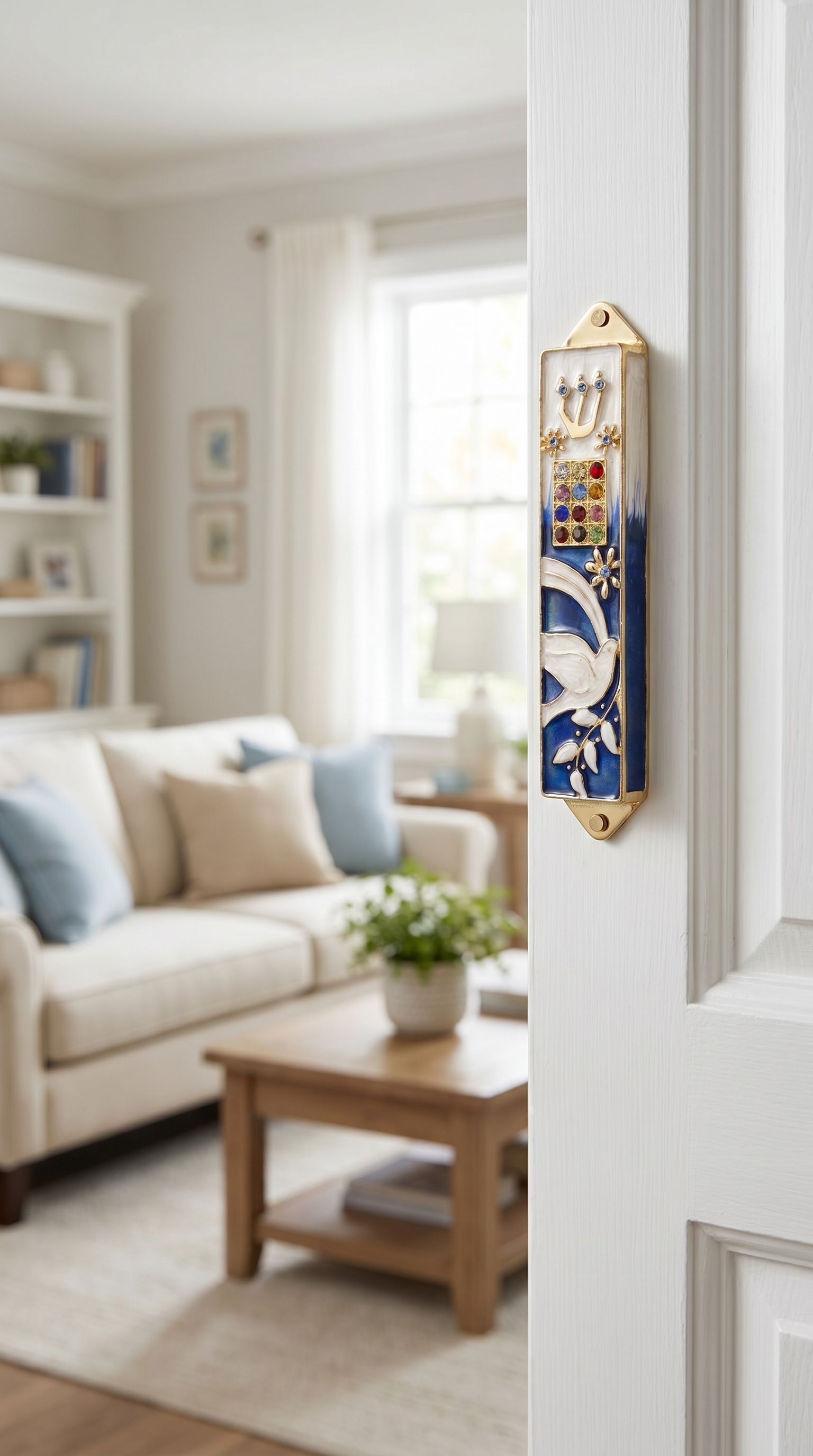 Twelve Jewels Dove Blue Mezuzah mounted on door frame with indoor room in background.