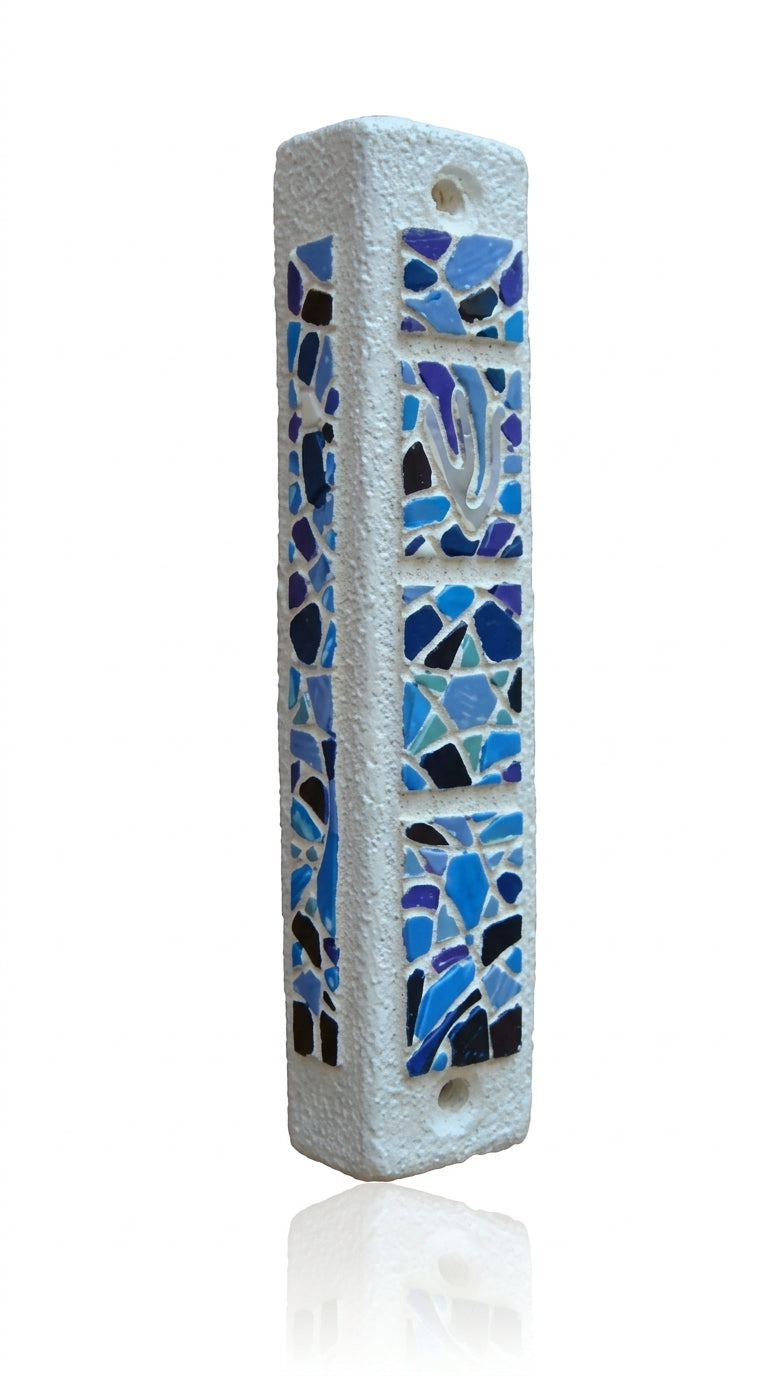 Blue mosaic-style Mezuzah made of resin, hand-painted, with a three-sided shape, mounted on a white background with subtle reflection.