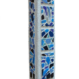 Blue mosaic-style Mezuzah made of resin, hand-painted, with a three-sided shape, mounted on a white background with subtle reflection.