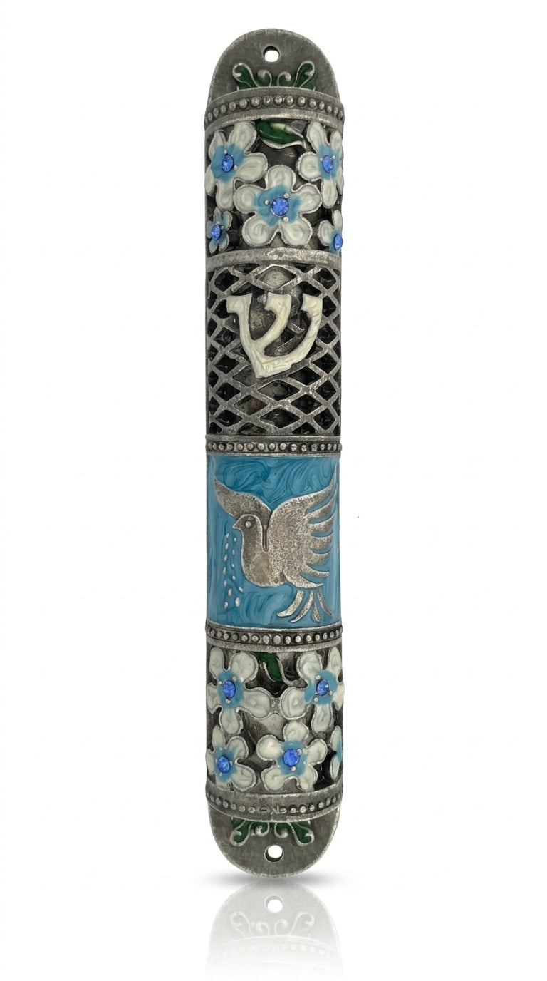High-resolution image of a Blue Peace Dove Mezuzah made of pewter and hand painted with enamel, showing detailed engravings and design features.