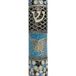High-resolution image of a Blue Peace Dove Mezuzah made of pewter and hand painted with enamel, showing detailed engravings and design features.