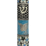 High-resolution image of a Blue Peace Dove Mezuzah made of pewter and hand painted with enamel, showing detailed engravings and design features.