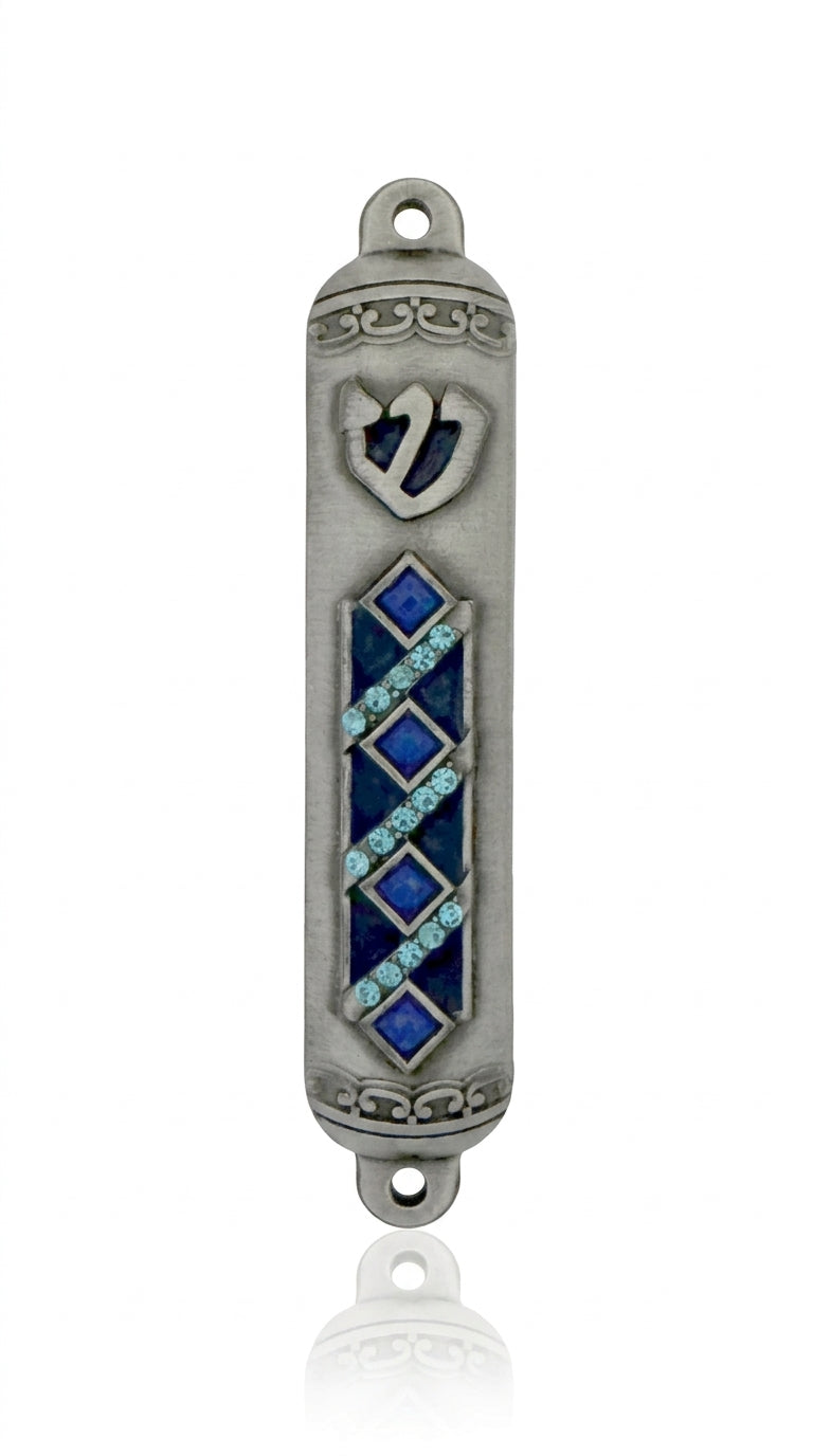 Blue Peace Mezuzah made of pewter with hand-painted enamel, featuring Hebrew symbols and decorative motifs, displayed on a white studio background with a soft reflection.