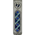 Blue Peace Mezuzah made of pewter with hand-painted enamel, featuring Hebrew symbols and decorative motifs, displayed on a white studio background with a soft reflection.