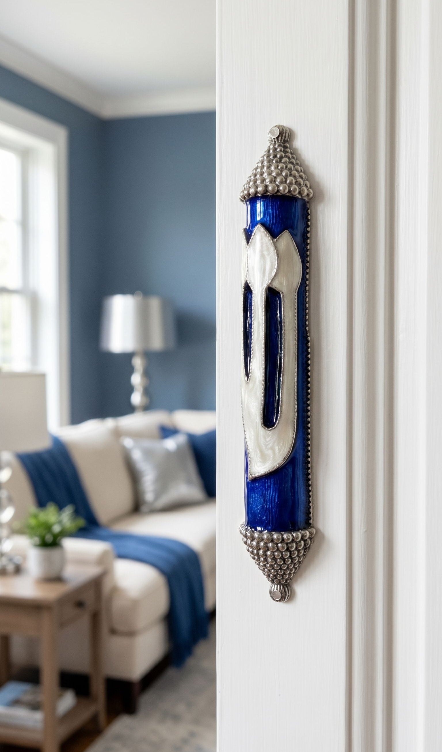 Heavenly Blue mezuzah case with luminous pearl design and deep blue enamel background mounted on a doorway in an indoor setting.