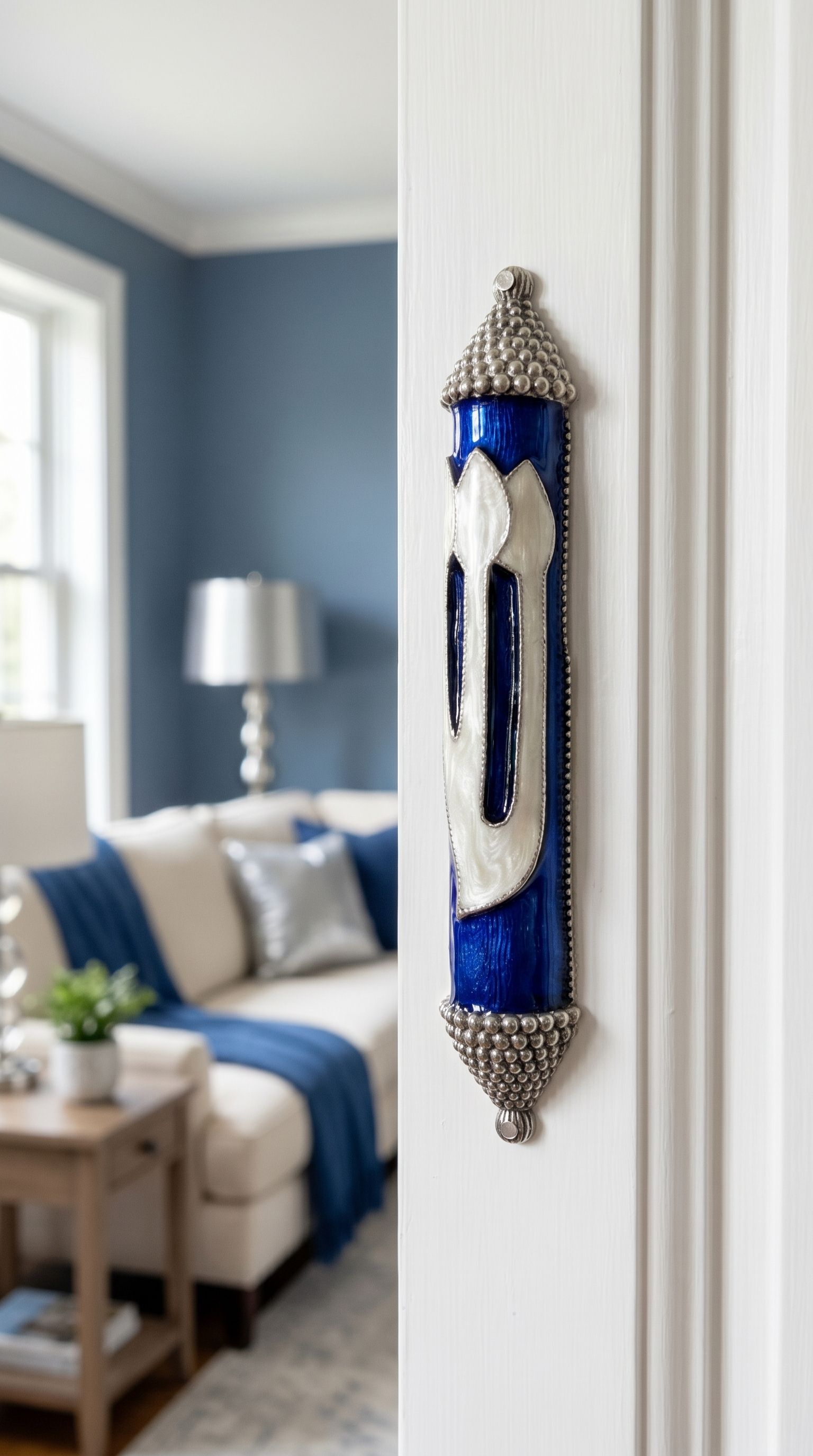 Heavenly Blue mezuzah case with luminous pearl design and deep blue enamel background mounted on a doorway in an indoor setting.